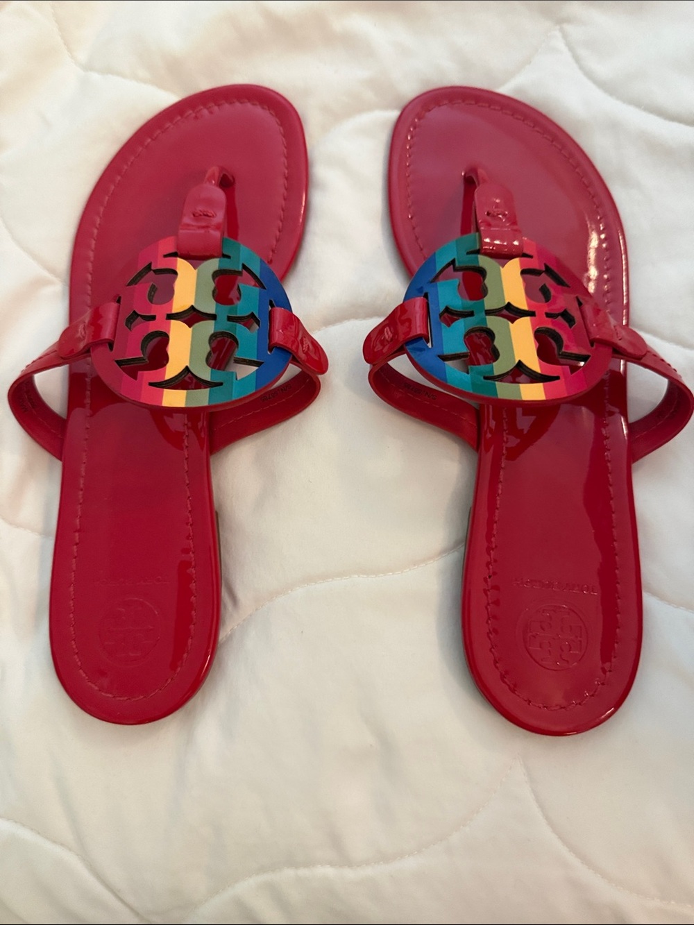 Tory Burch Bright Red Patent Sandals with Multicolor Logo